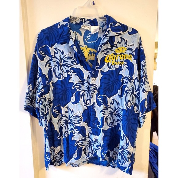 A Corona Extra Beer Men's Button Up Shirt Blue Hawaiian Floral Short Sleeved XXL - Picture 1 of 6